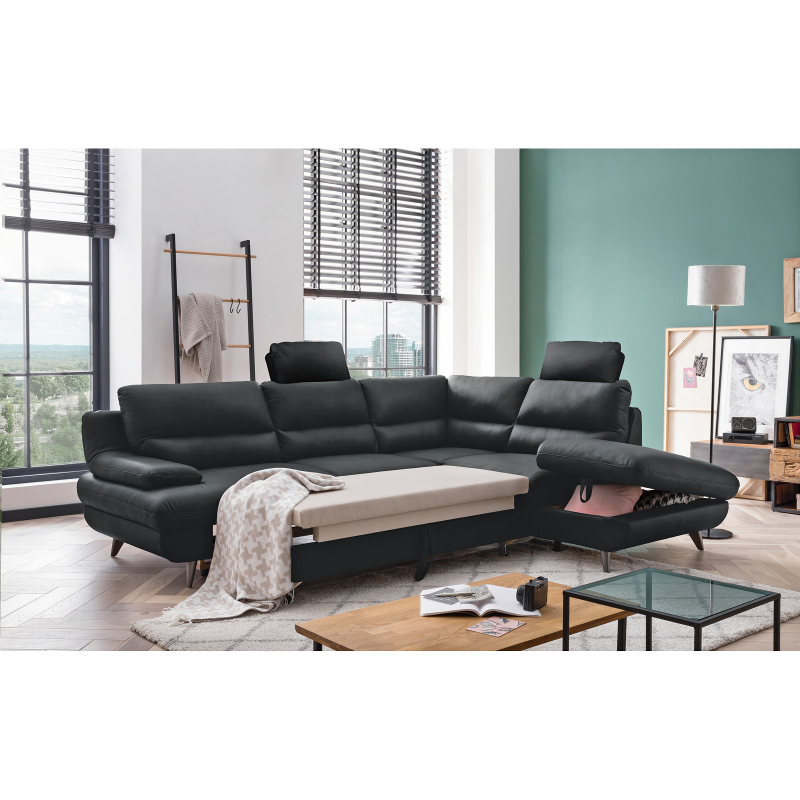 Ecksofa Pike Leder, Ottomane rechts schwarz