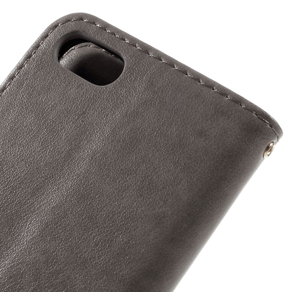 iPhone SE (2022/2020) / 8 / 7 Leder Tasche mit Kartenfach   Handschlaufe Butterfly Flowers - Grau