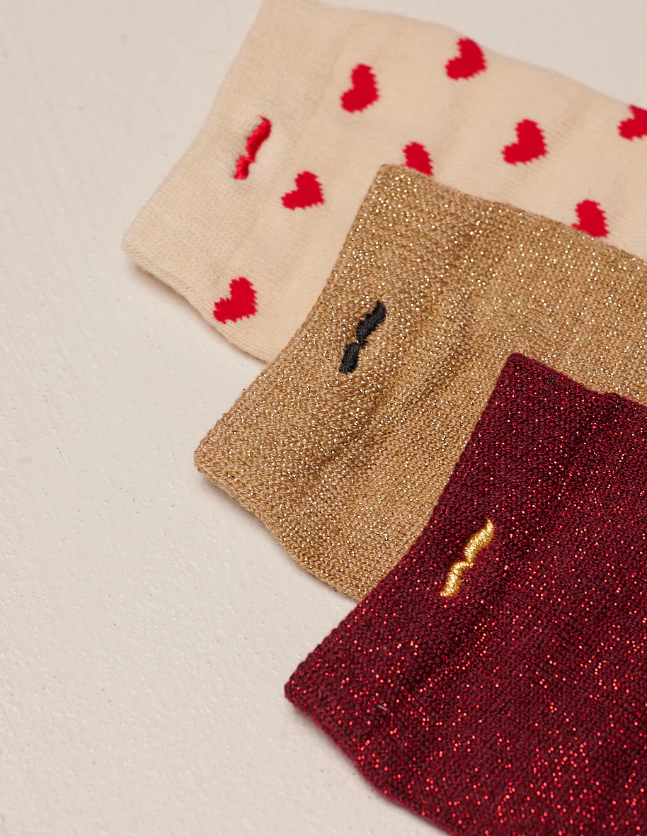 Pack de 3 chaussettes - Petit coeur Bordeaux doré