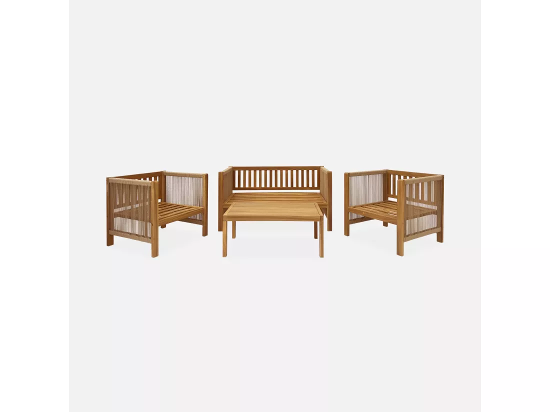 Salon de jardin ALCIRA 4 places en bois d'acacia et cordes beiges et coussins beiges. 1 canapé 2 pl + 2 fauteuils + 1 table basse