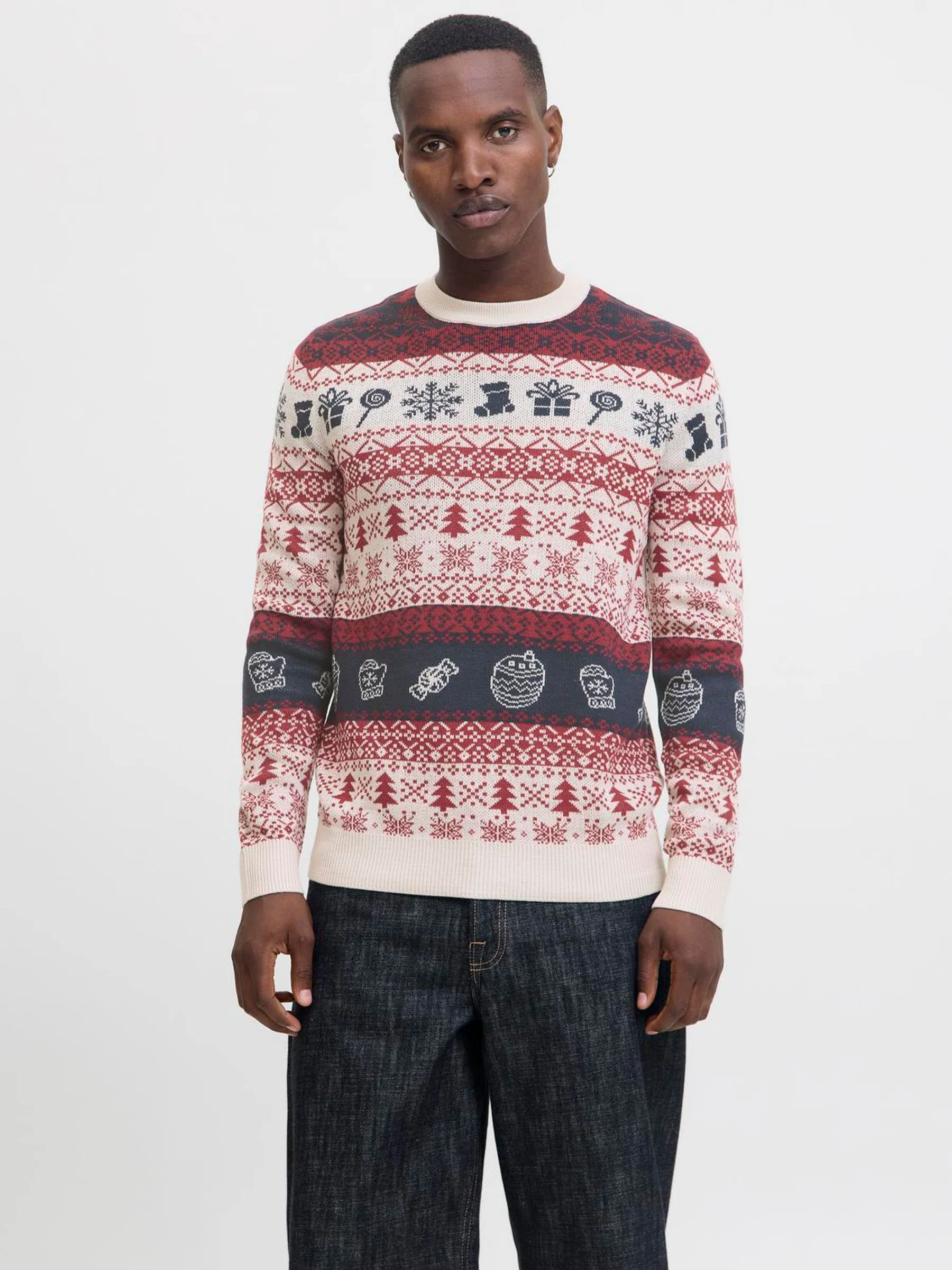 Crème - JACK & JONES trui met kerst-Fairisle-patroon