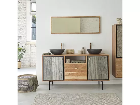 Meuble de salle de bain en acacia massif et pierre naturelle 155 cm