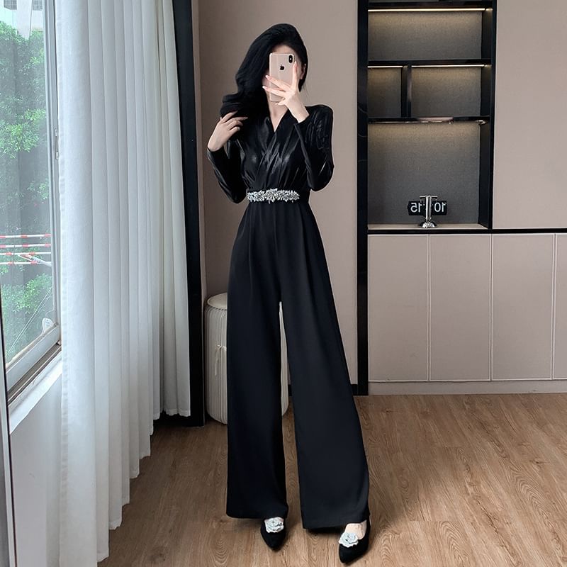 Yilda - Lange jumpsuit van imitatieleer met wijde pijpen