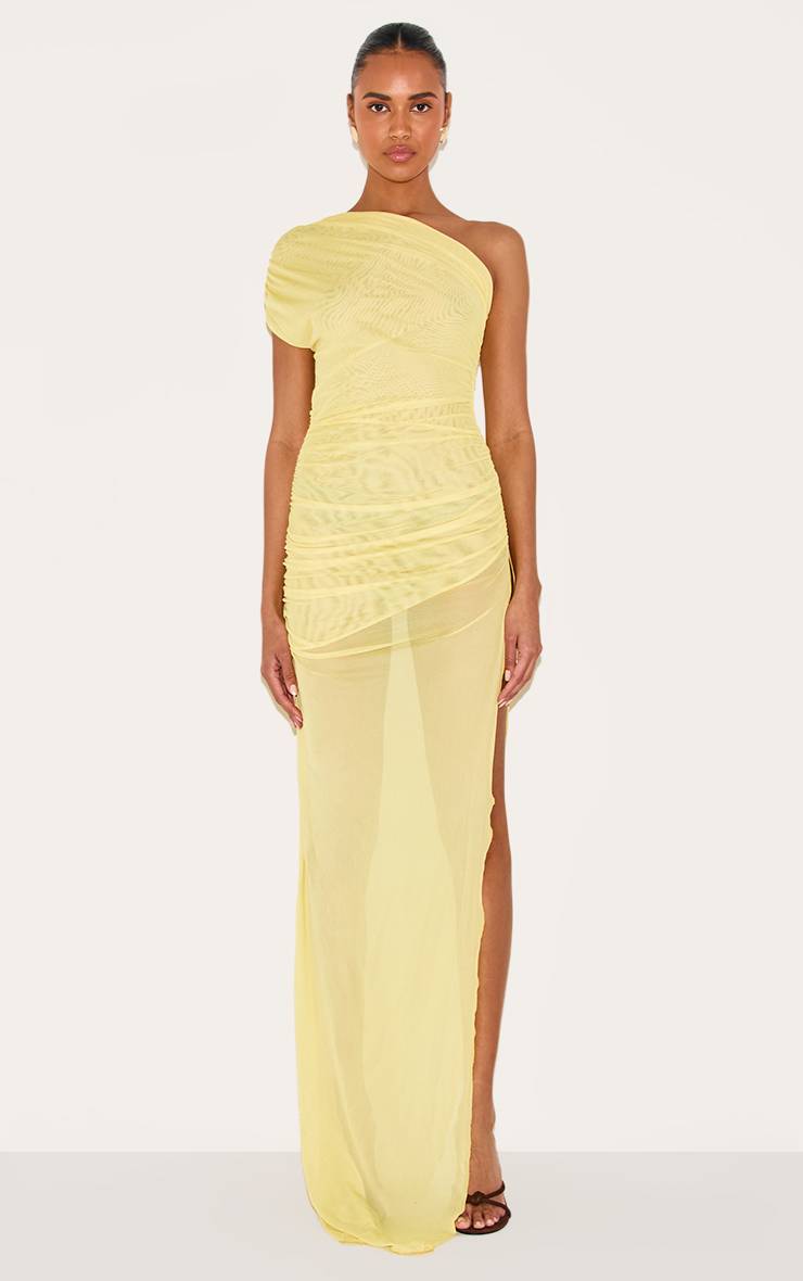Robe Longue Moulante En Mesh Froncée Asymétrique Avec Fente Sur La Cuisse