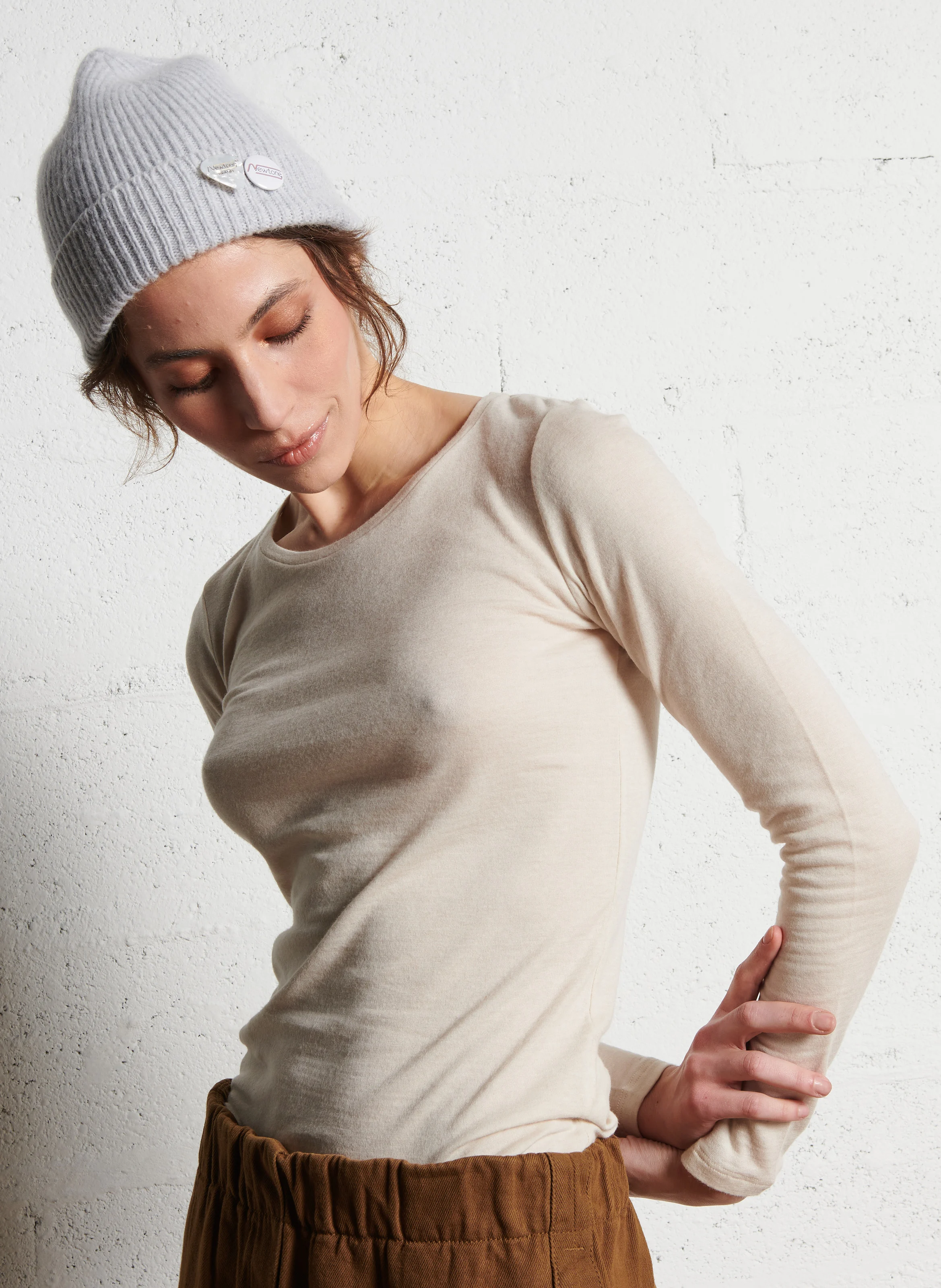 Tee-shirt col rond en coton et cashemire | Beige