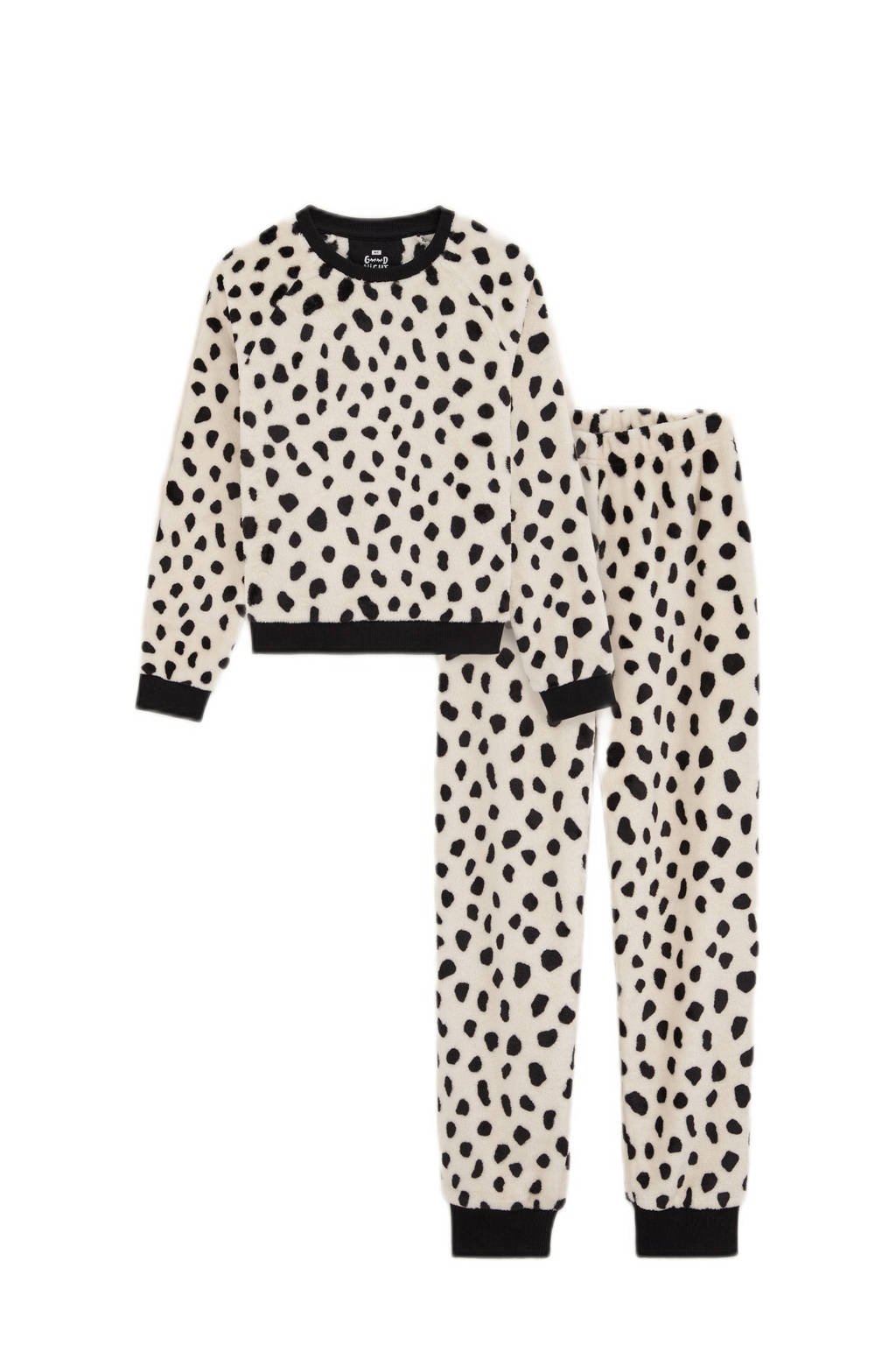 WE Fashion fleece pyjama met panterprint ecru/zwart