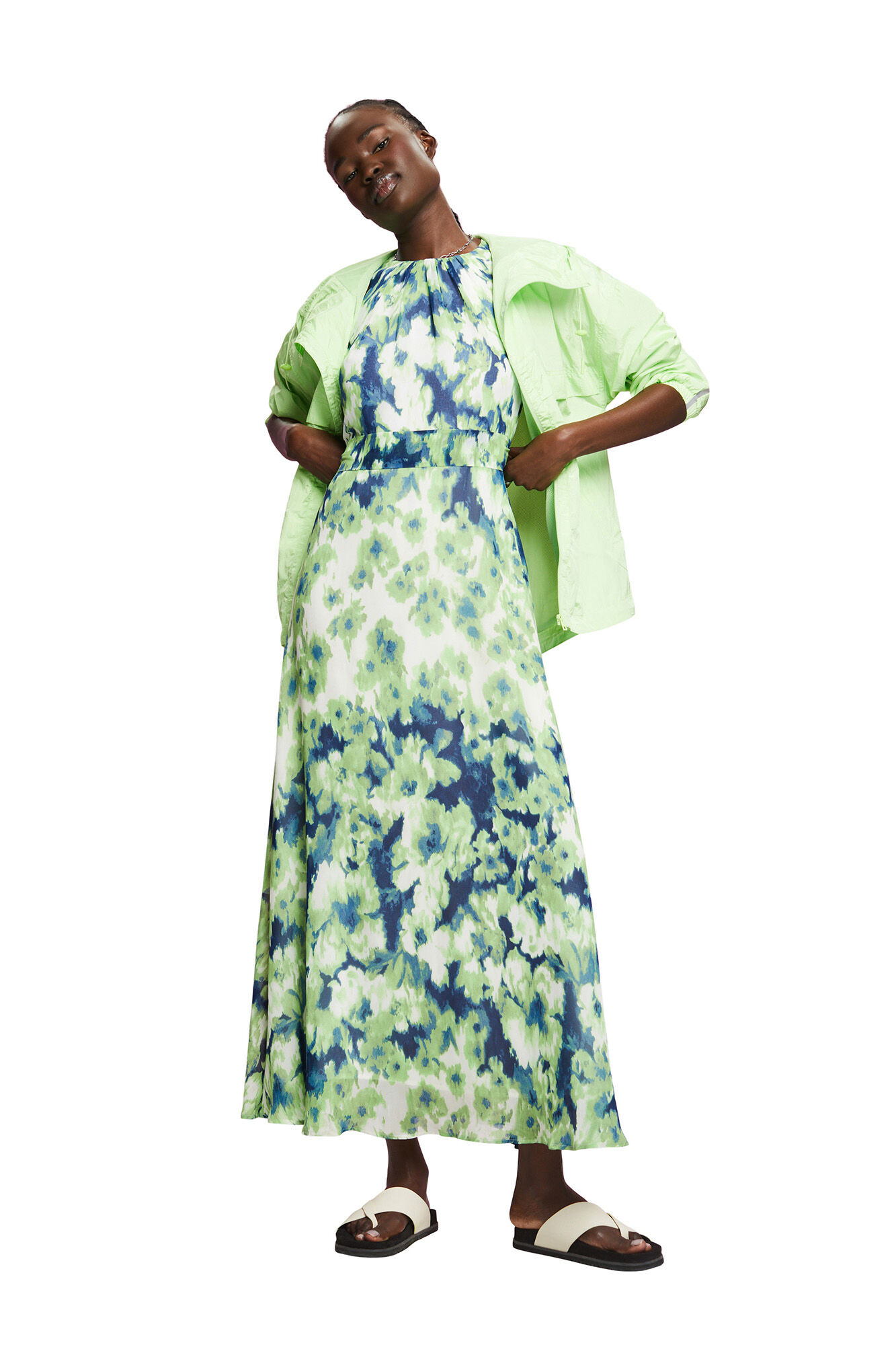 Vestido longo sem mangas estampado - Estampa verde