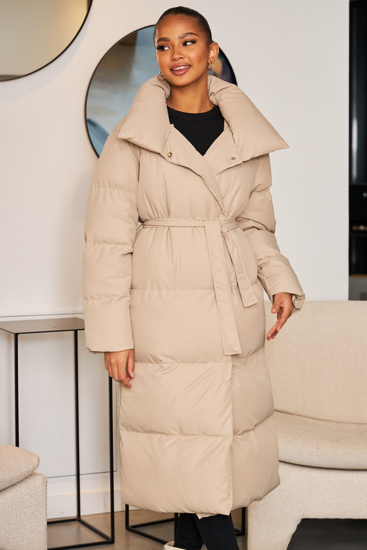 Doudoune longue beige foncé ceinturée