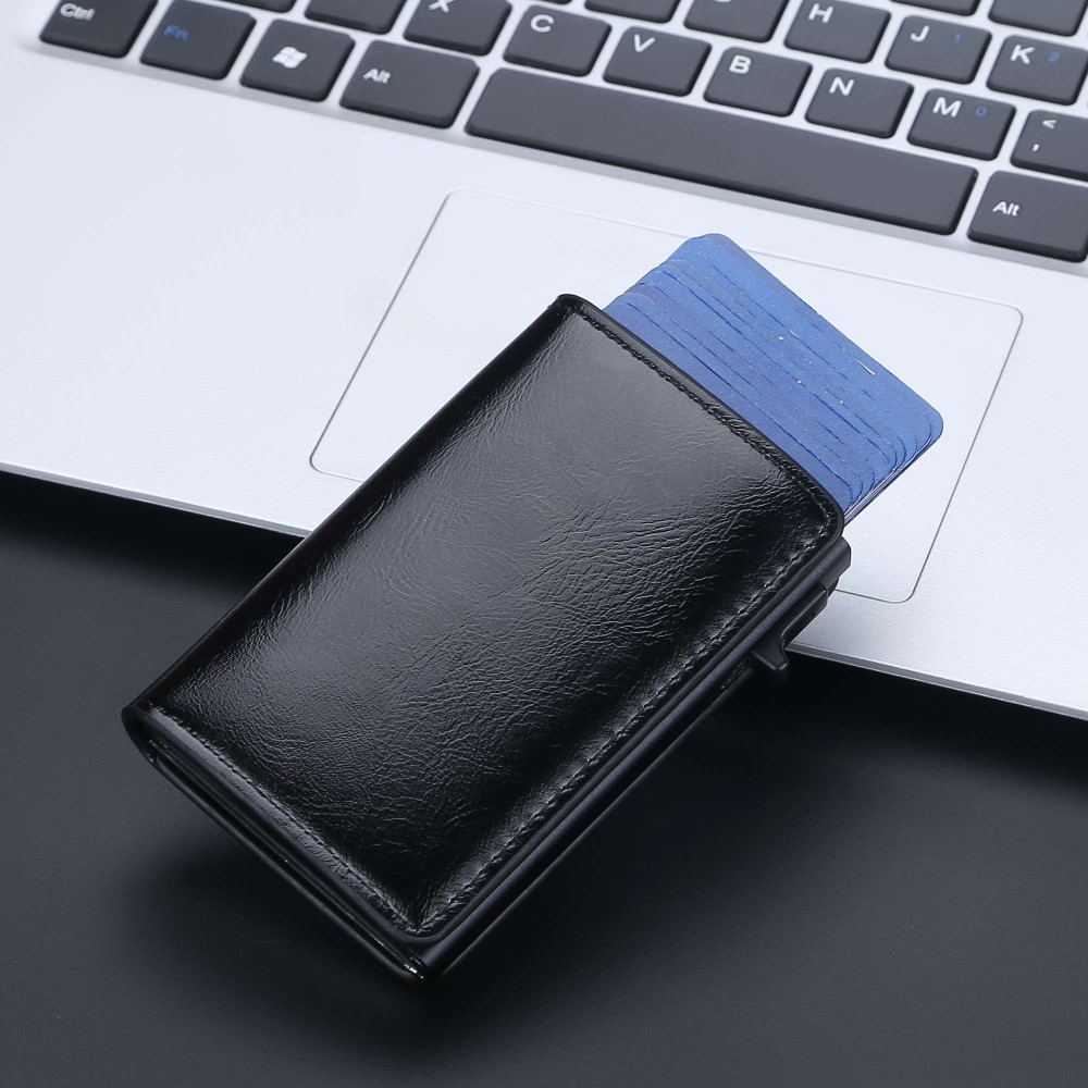 Mini Kreditkarten Leder Etui Geldbörse mit Kartenauswurf-Mechanismus für 10 Karten (RFID Schutz) - Schwarz