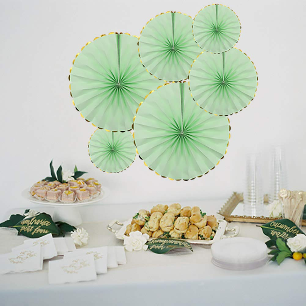 (6er Set) Papier Fächer Deko Rosetten Party / Geburtstag / Hochzeit - Grün / Gold