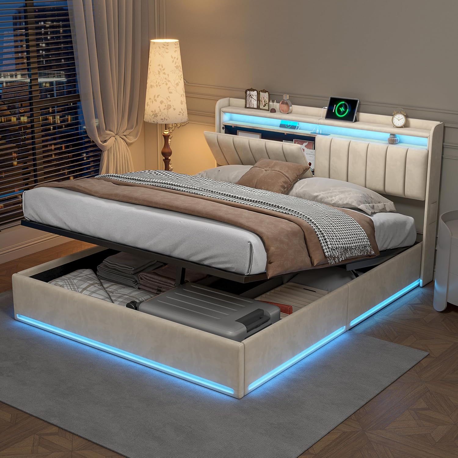 Polsterbett 140x200 mit Stauraum, Doppelbett mit LED/USB, Hydraulisch Stauraumbett, Jugendbett mit kopfteil und Lattenrost, Bettrahmen für Erwachsene, Samt (Beige, 140 x 200 cm)
