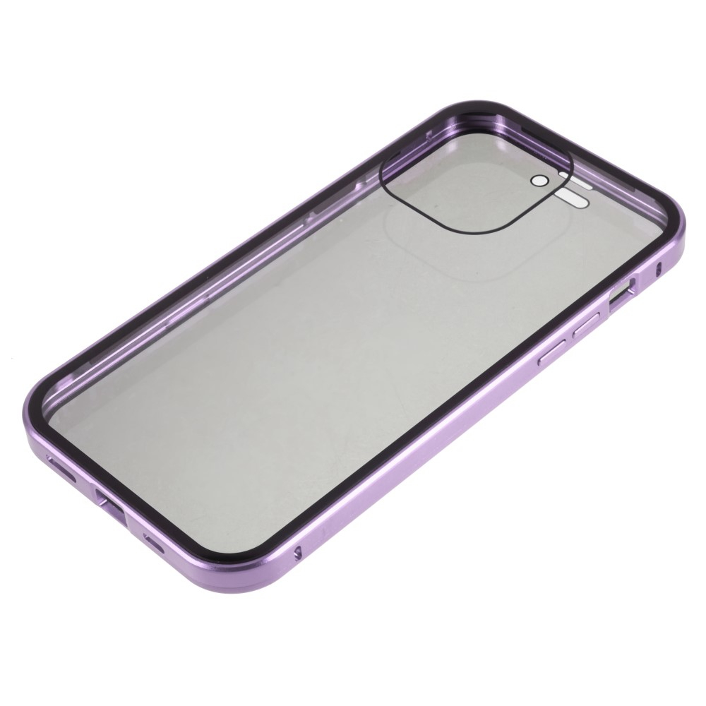 iPhone 14 Pro Magnetische Alu Schutzhülle mit Panzer Glas Backcover   Privacy Glas Displayschutz (Magnet-Technologie) - Violett