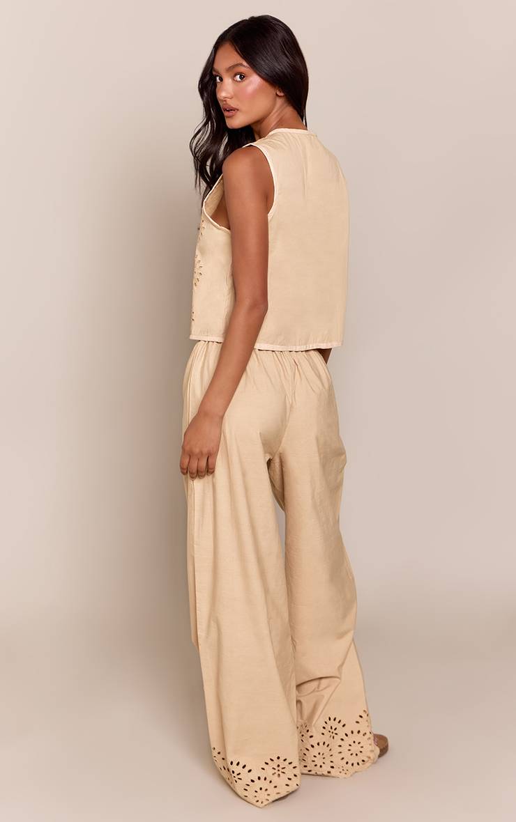 Taupe Pantalon Large En Coton Broderie Anglaise Ensemble Coordonné