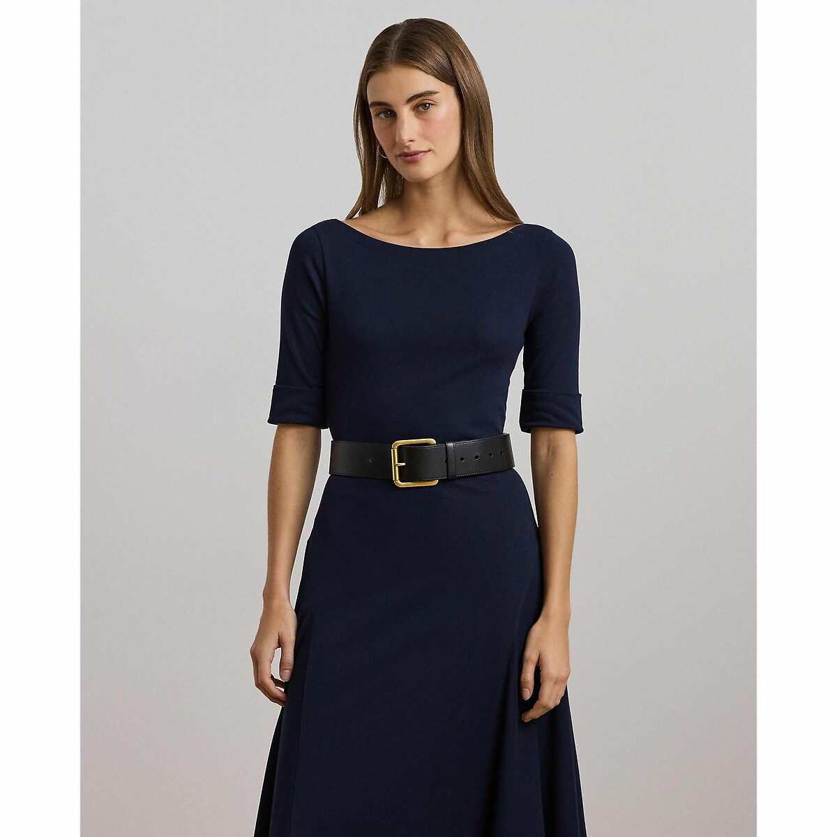 LAUREN RALPH LAUREN<br>Vestido midi com decote canoa e mangas até o cotovelo