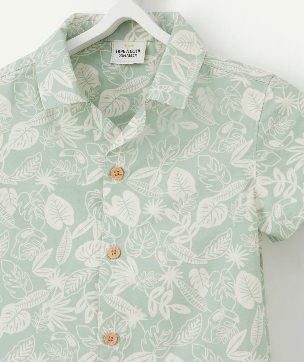 CHEMISE BÉBÉ GARÇON EN COTON VERT D'EAU IMPRIMÉE AVEC FEUILLES