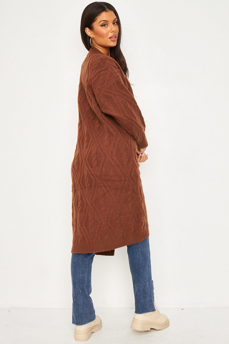 Gilet long en laine et maille marron