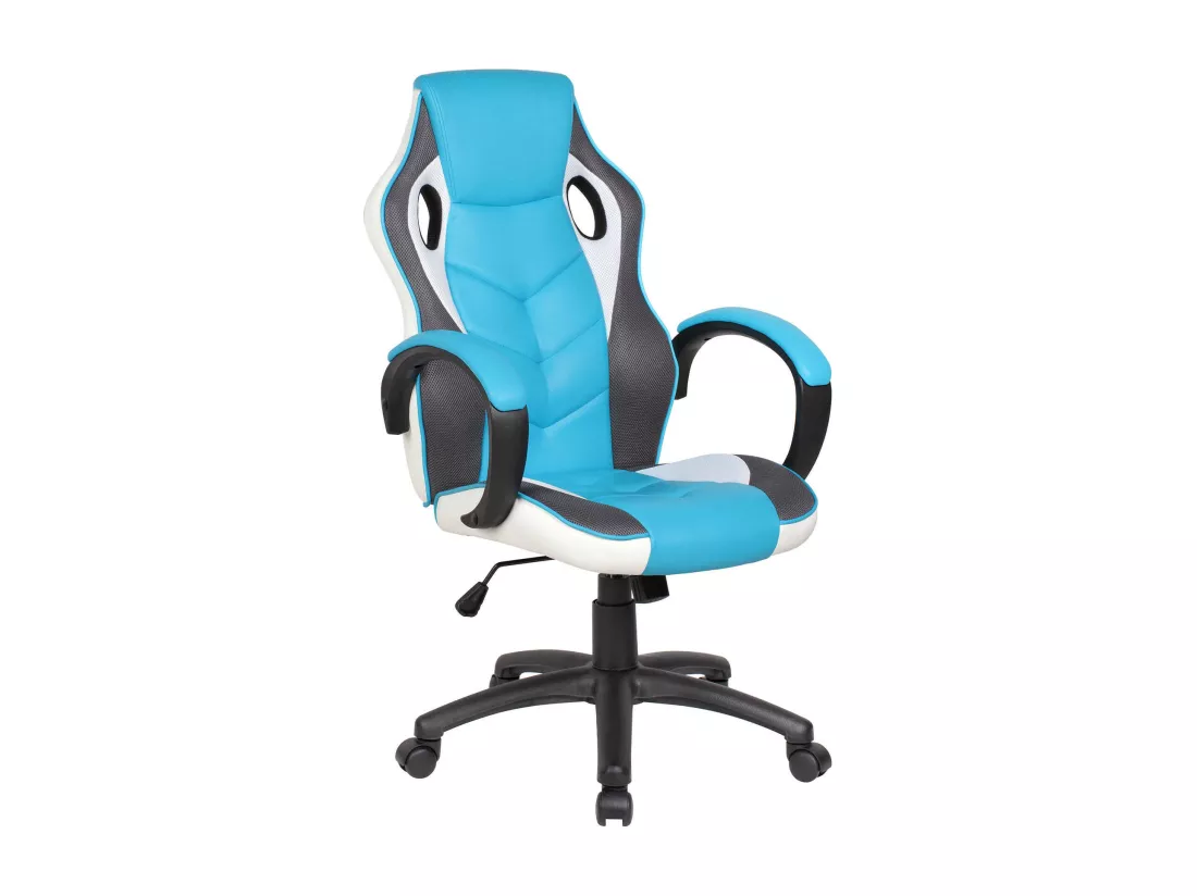 Chaise de jeu Darlanc, Fauteuil de jeu pour adultes, Chaise de bureau, 66x61h104/114 cm, Bleu ciel et Blanc