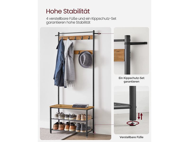 VASAGLE Garderobe mit Schuhregal 32 cm x 175 cm, Braun/Schw Kleiderständer mit Sitzbank