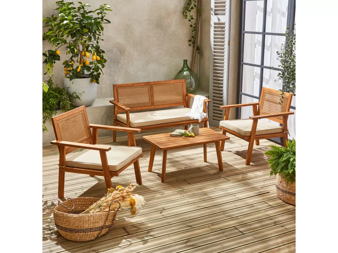 Salon de jardin. Bohémia. cannage rond. canapé 2 places. 2 fauteuils. 1 table basse 117x64x74 cm
