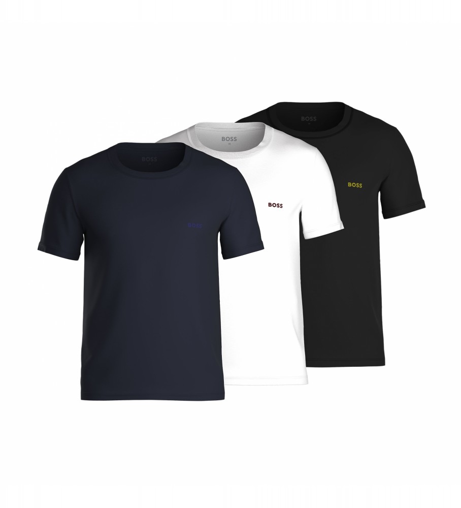 Conjunto de 3 camisetas BOSS nas cores azul, branca e preta.