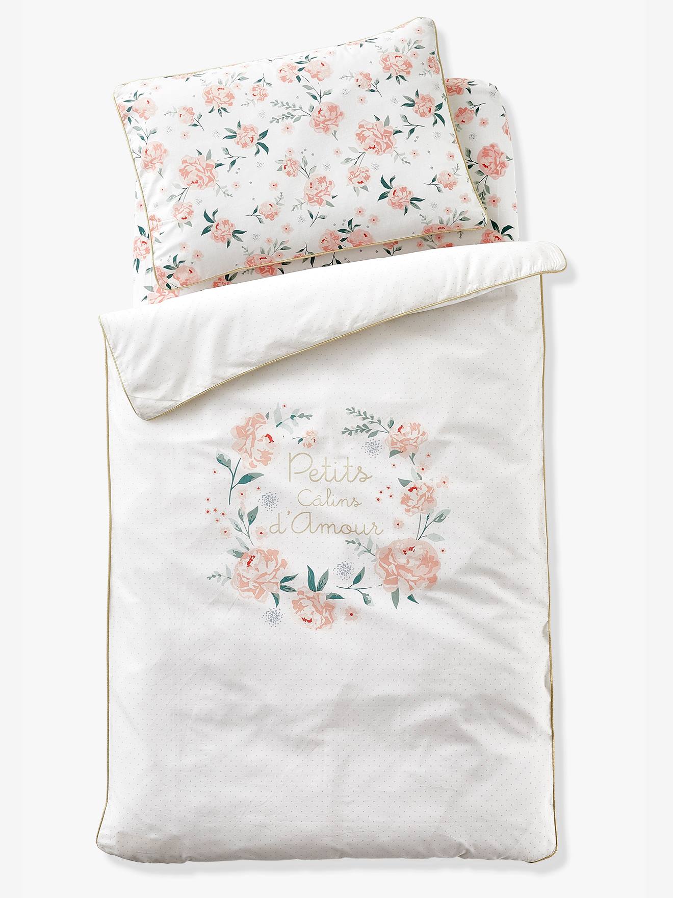 Lençol de baixo com elástico na cor Eau de Rose para bebê, branco claro com estampa.