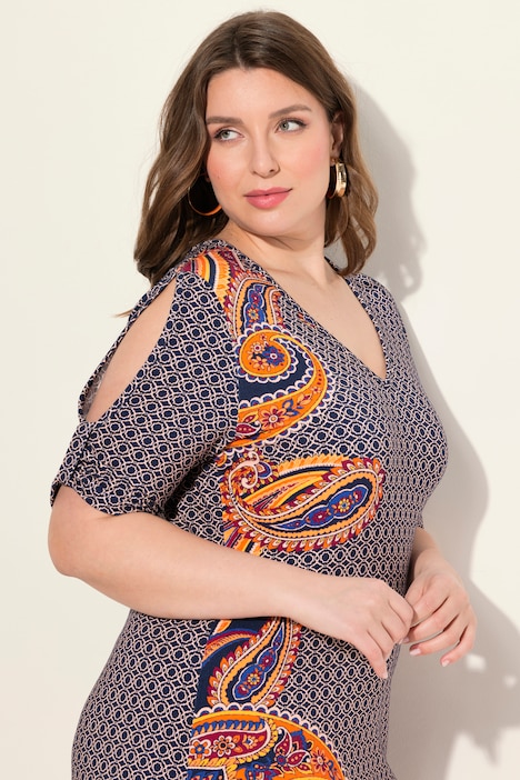 Strandkleid, Paisley, A-Linie, V-Ausschnitt, Halbarm
