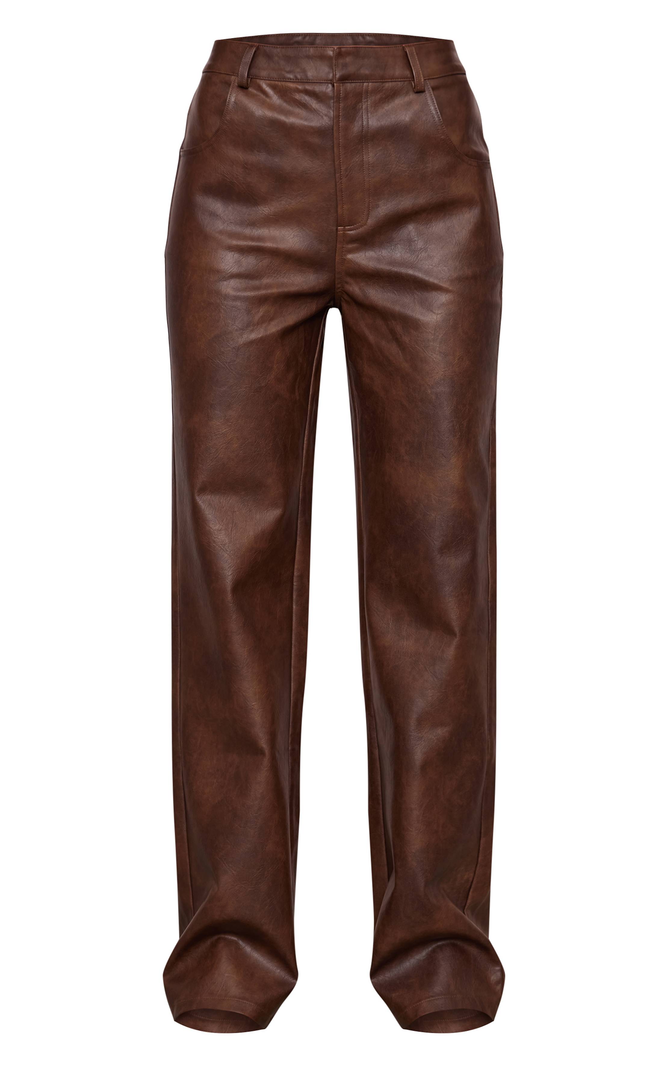 Chocolat Pantalon Droit En Synthétiquecuir Effet Délavé