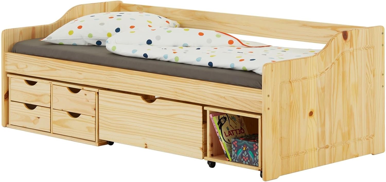 IDIMEX Bett mit Stauraum Senta Kinderbett Jugendbett Bett 90x200 Kiefer Natur Tagesbett Gästebett