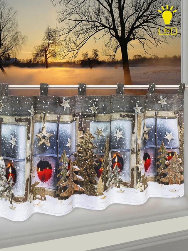 Winterliche Bistrogardine mit LED-Beleuchtung