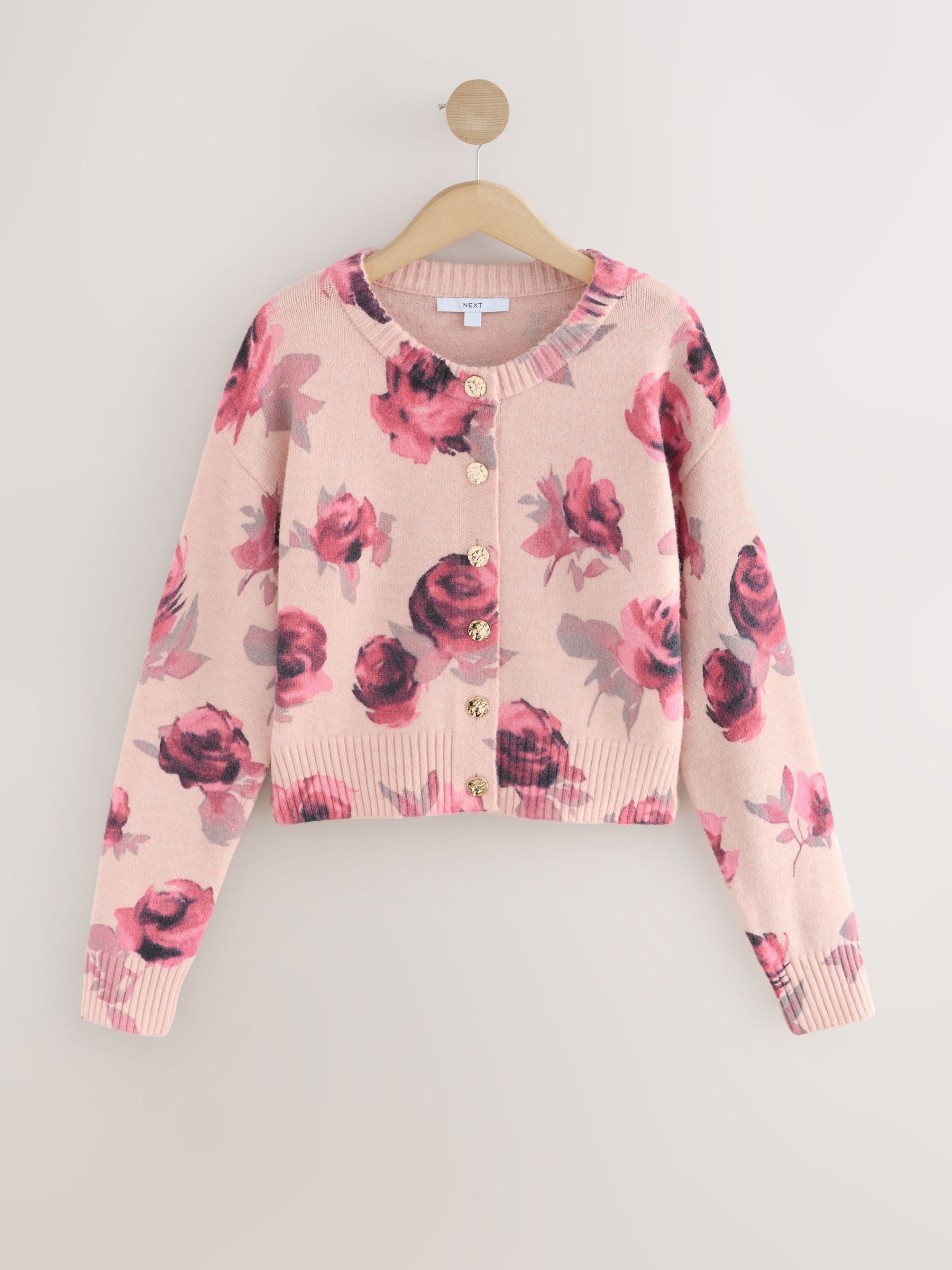 Roze met bloemenprint - Gebreid vest met ronde hals