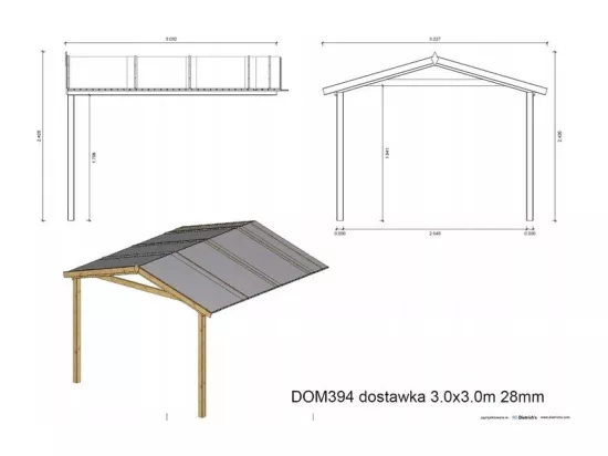 Abri de jardin en bois - 3x3 m + terrasse avec balustrade et avant-toit en bois - 18 m2 - Traité - DOM427+DOM539+DOM540+POD05 - ALTANKA