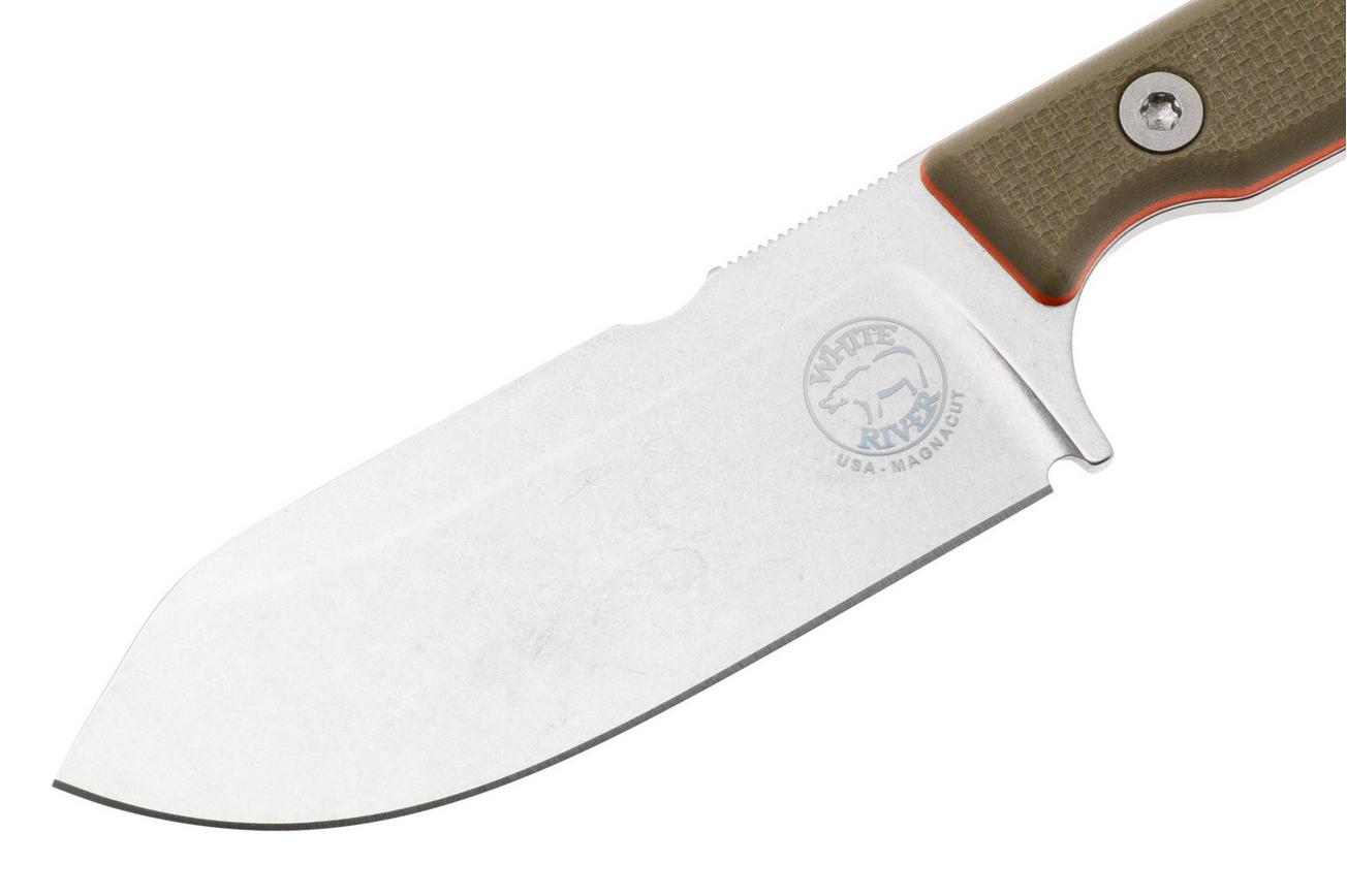 White River Firecraft 3.5 Pro, Stonewashed Magnacut, Green G10, survivalmes, Kydex schede met firesteel