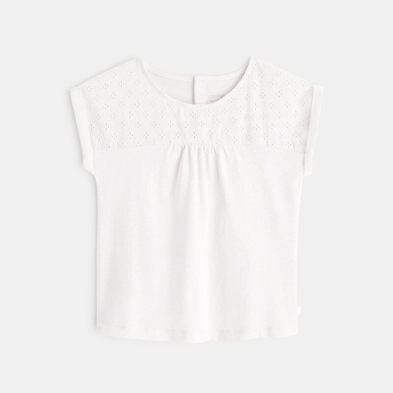 T-shirt bi-matière broderie anglaise blanc bébé fille Blanc