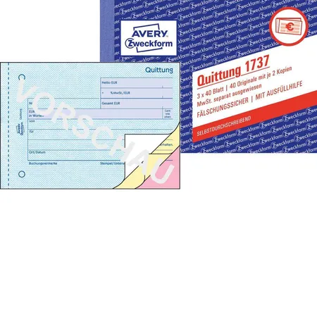 Avery Zweckform 1737 Quittung MwSt. separat ausgewiesen, A6 quer, selbstdurchschreibend, 3x40 Blatt