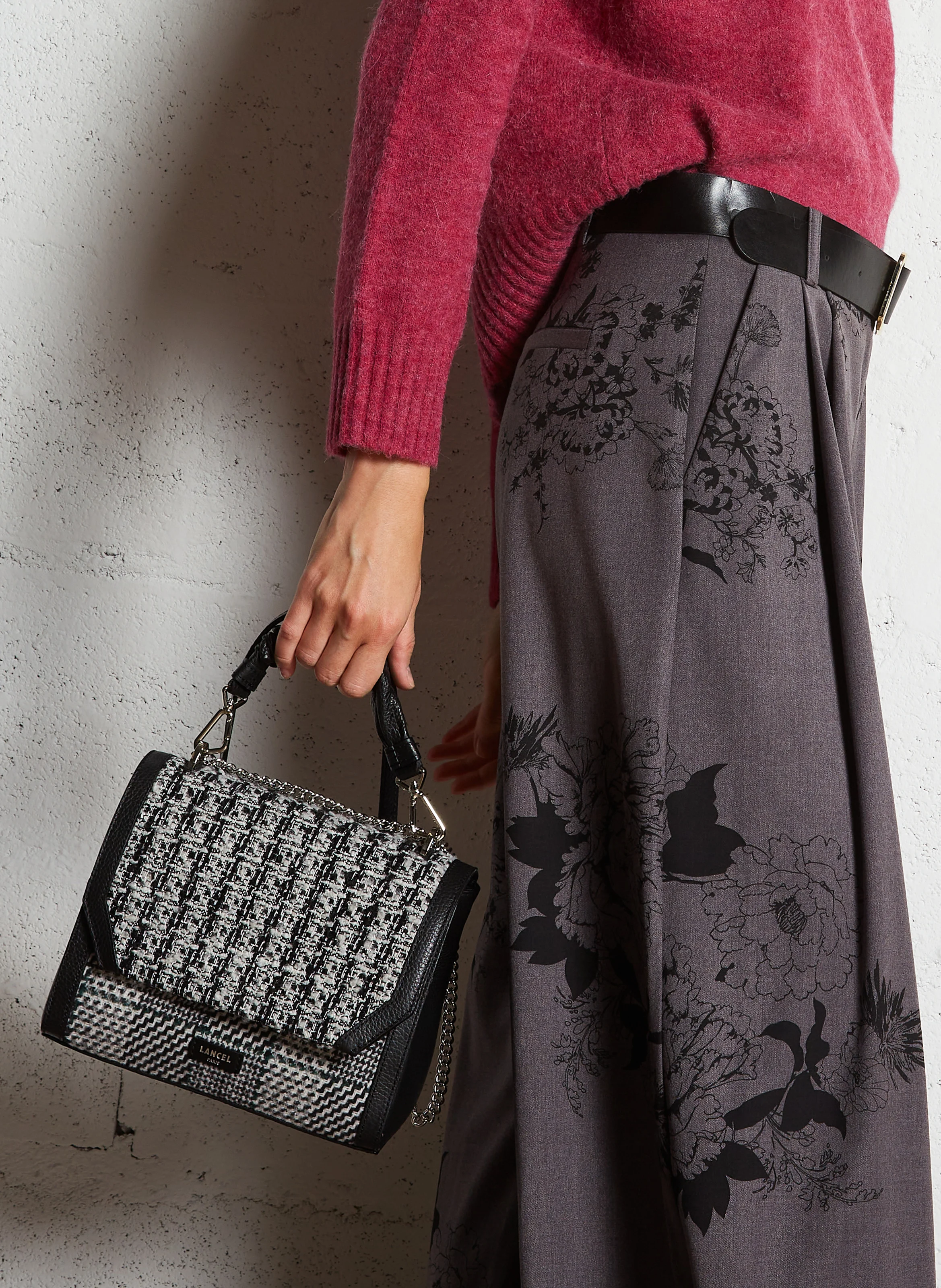 NINON M - Sac bandoulière effet tweed en cuir| Blanc