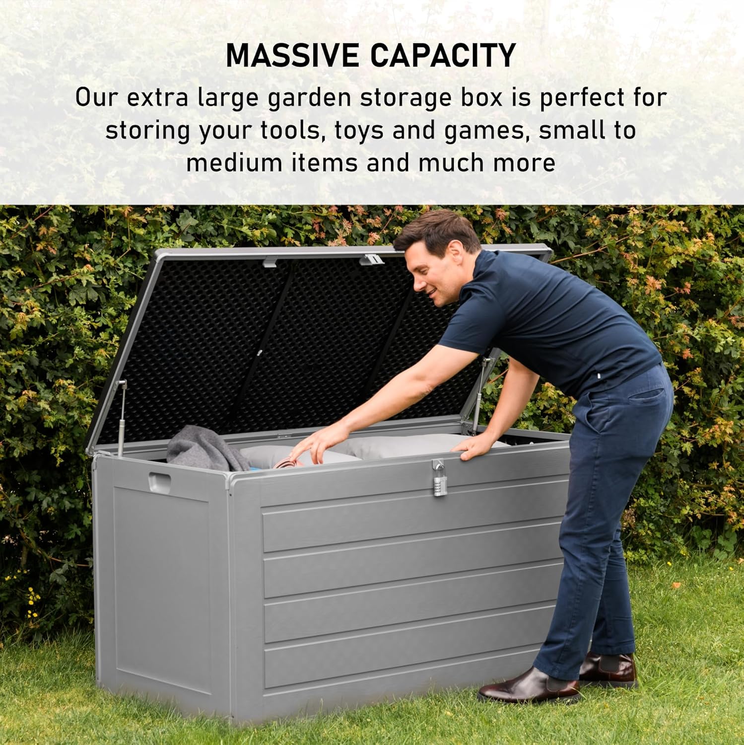 Olsen & Smith Gartenbox 680L | Wasserdicht & Wetterfest Abschließbare Polypropylene Aufbewahrungsbox aus | Große Gartentruhe für Garten, Balkon & Terrasse | Robust, Geräumig & Pflegeleicht–Anthrazit