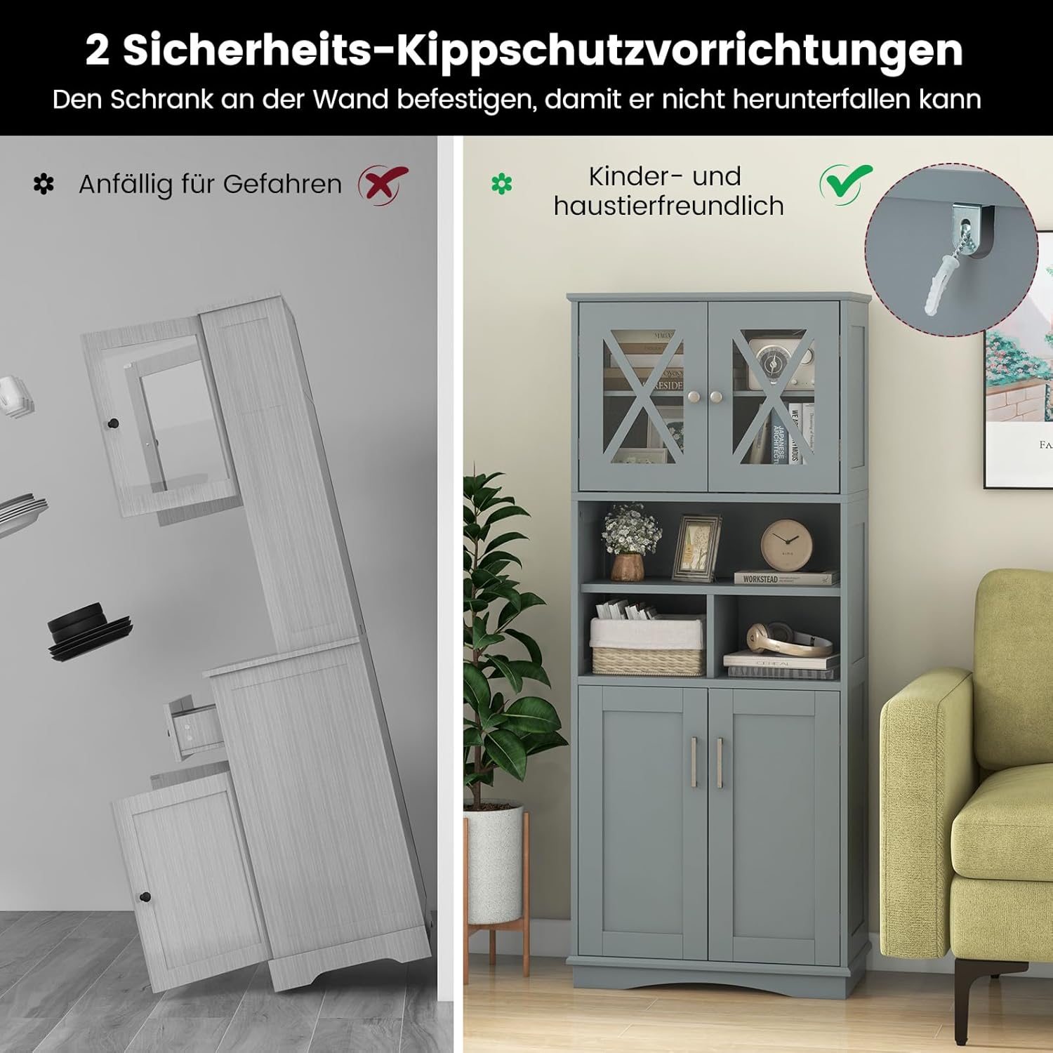COSTWAY Badezimmerschrank, Badschrank Hochschrank mit 3 verstellbaren Regalen & 4 Türen, Aufbewahrungsschrank Holz für Badezimmer, Wohnzimmer & Küche, 60 x 30 x 145 cm (Grau)