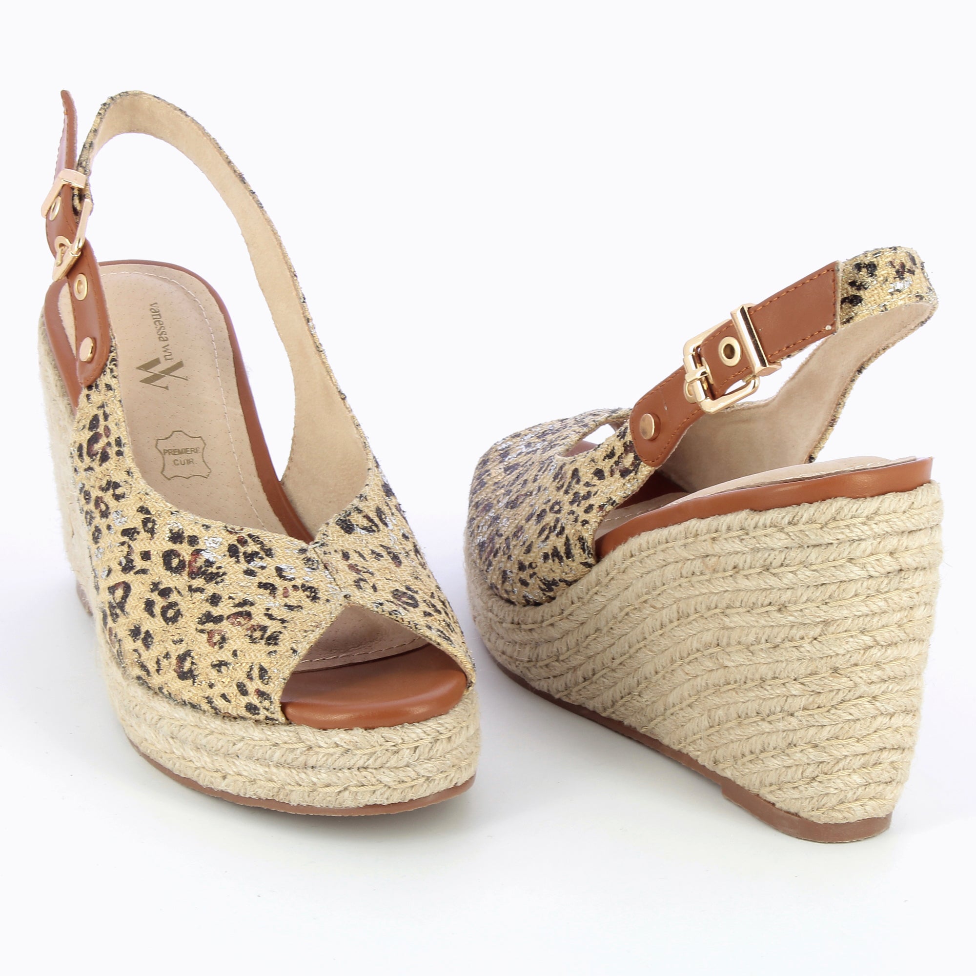 Sandales à talon, Compensées-Sandales compensées Gaëlle en tweed léopard beige