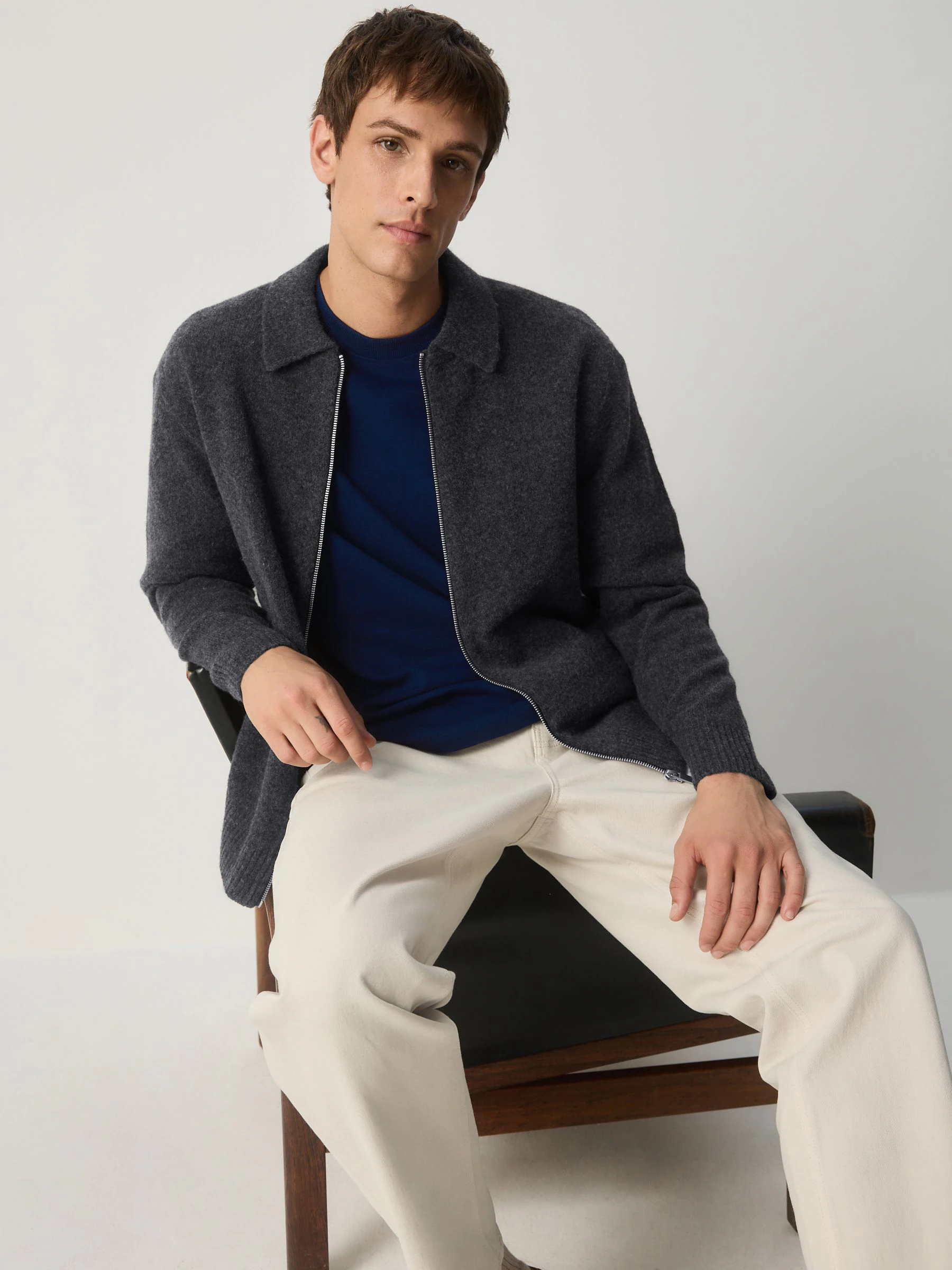 Antraciet - Relaxed Fit Cosy Zip Through Collared Cardigan with Wool