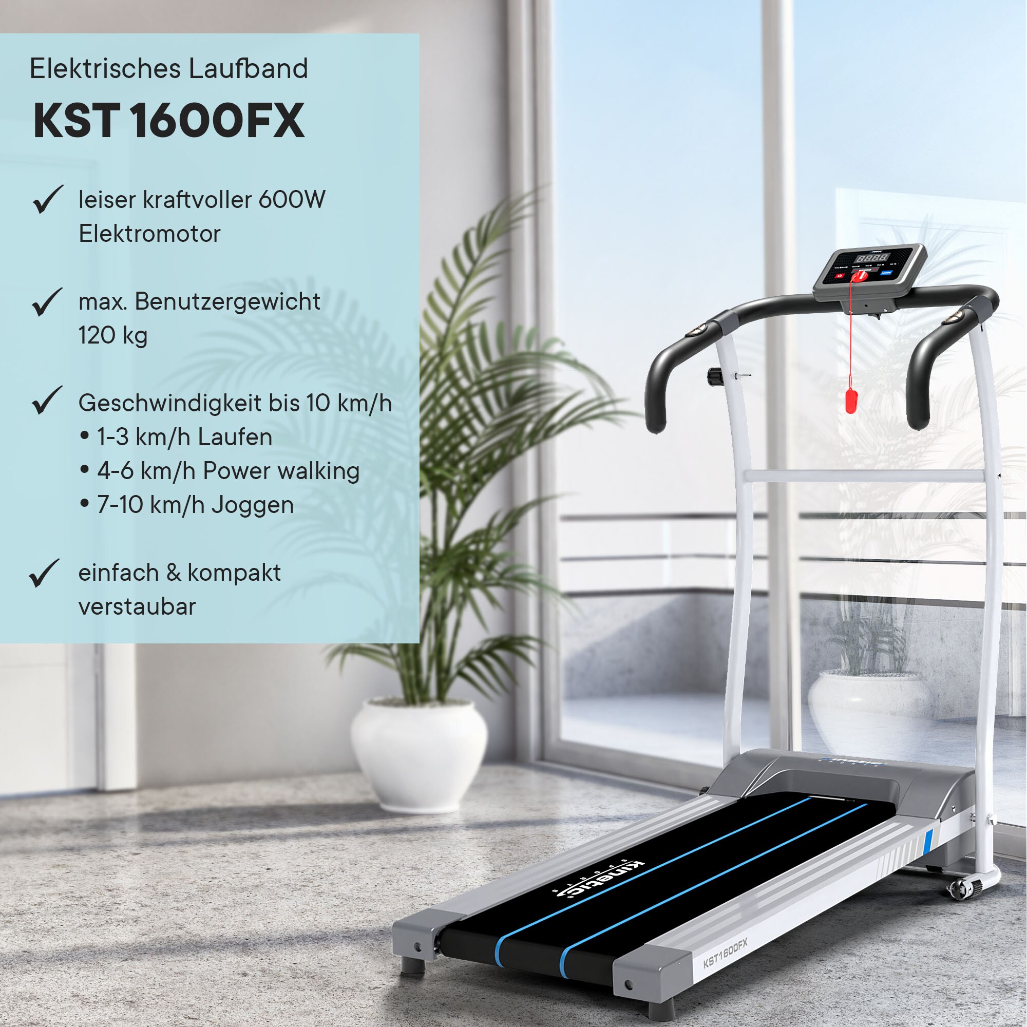 KINETIC SPORTS Laufband klappbar KST1600 mit 600 Watt Elektromotor, Trainingscomputer, Geh- und Lauftraining, stufenlos einstellbar bis 10 km/h, kompakt verstaubar