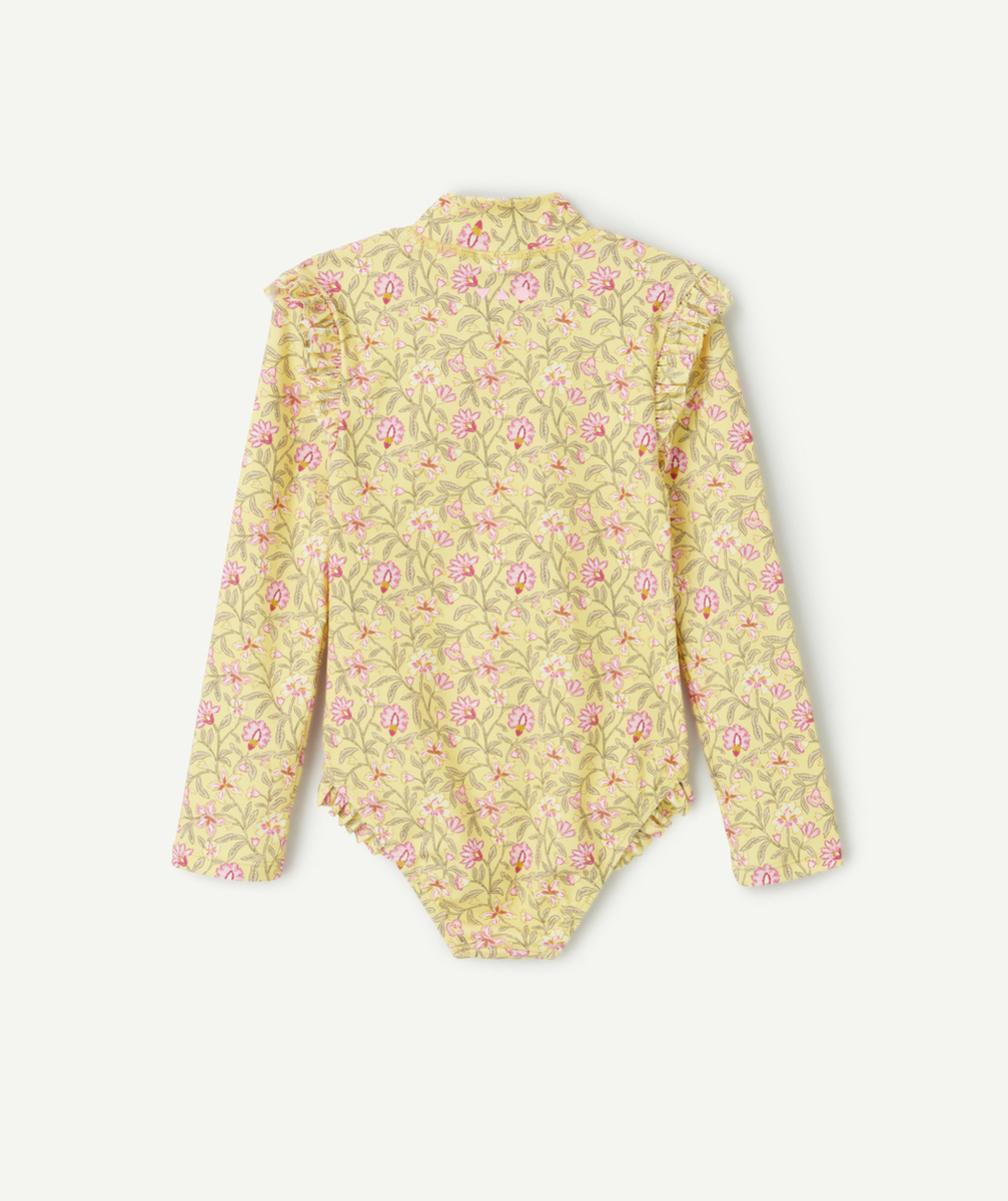 COMBINAISON ANTI-UV FILLE EN FIBRES RECYCLÉES JAUNE AVEC IMPRIMÉ FLEURI