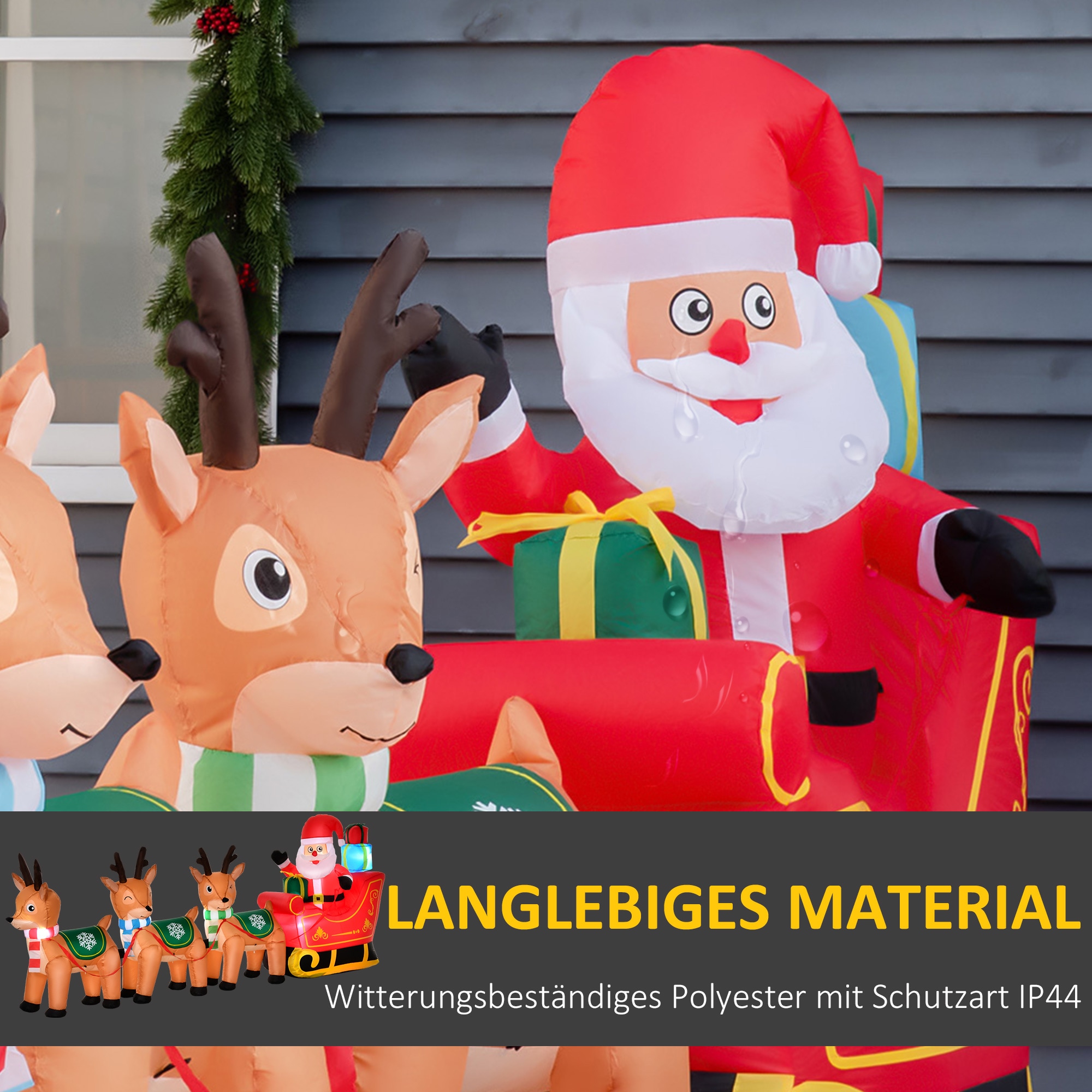 HOMCOM Aufblasbarer Weihnachtsmann mit Schlitten, 3 Hirschen und Beleuchtung bunt 319B x 59T x 132H cm