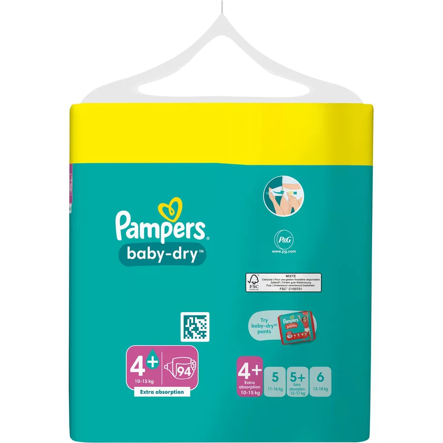 Pampers Baby-Dry Windeln, Gr. 4+, 10-15kg, Maxi Pack (1 x 94 Windeln)