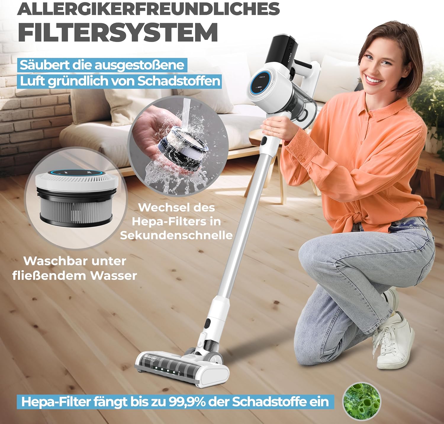 KLAMER Akku Staubsauger, 2-in-1 Staubsauger kabellos & Handstaubsauger, Akkulaufzeit bis 45 min, Akkustaubsauger mit HEPA Filter für Teppich, Auto & Hartböden