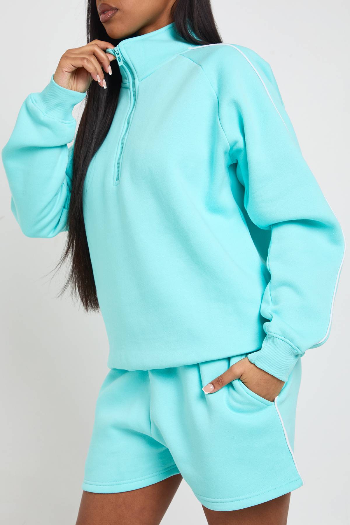 boohoo Ensemble Survêtement Court Sweat-shirt Demi-zip Détail Passepoil