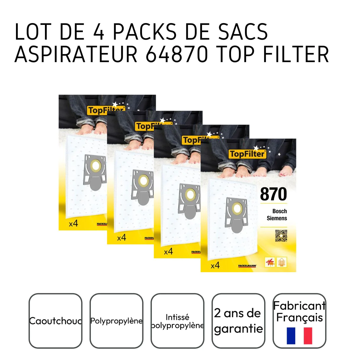 Lot de 4 packs de 4 sacs aspirateur 64870 pour Bosch et Siemens Premiu