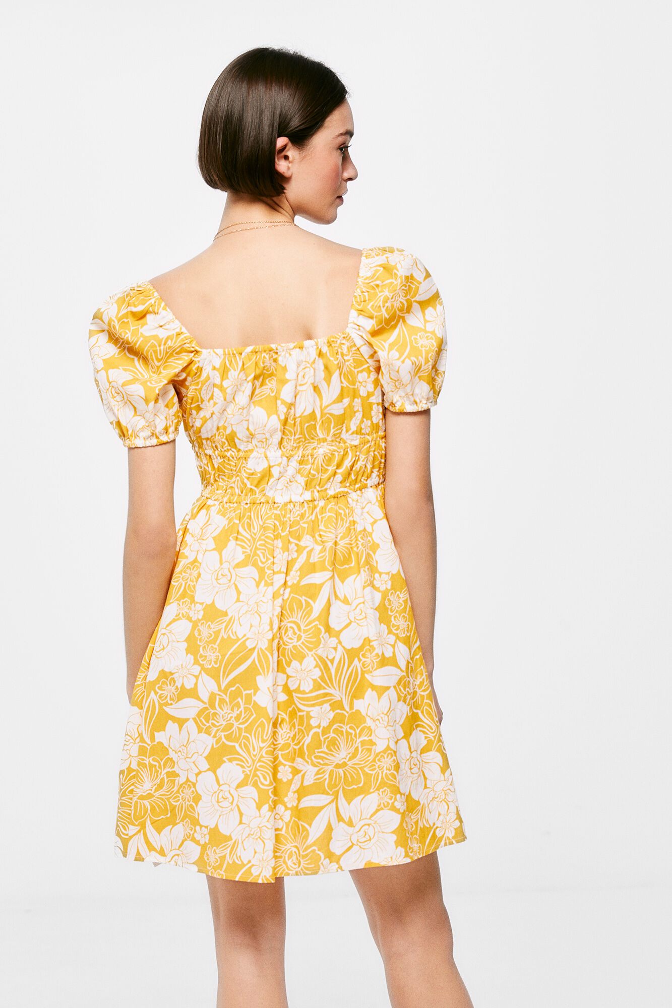 Vestido curto estampado em linho e algodão - Estampa amarela