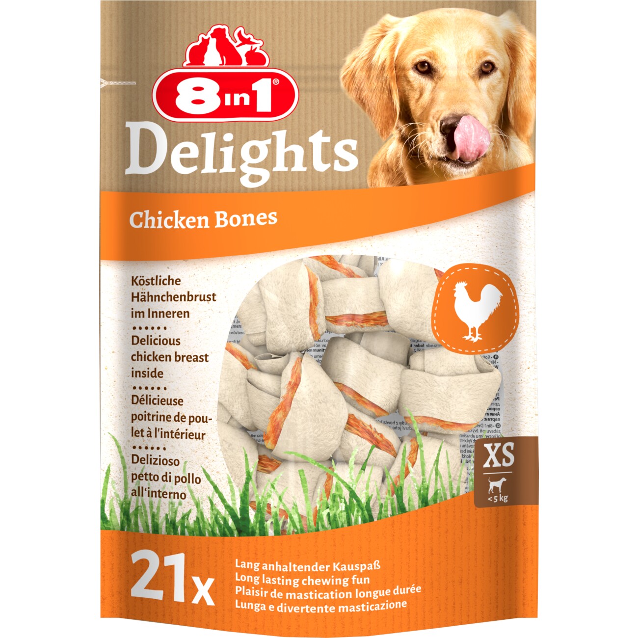 8in1 Delights Kauknochen Hähnchenfleisch im Beutel XS 21 Stück