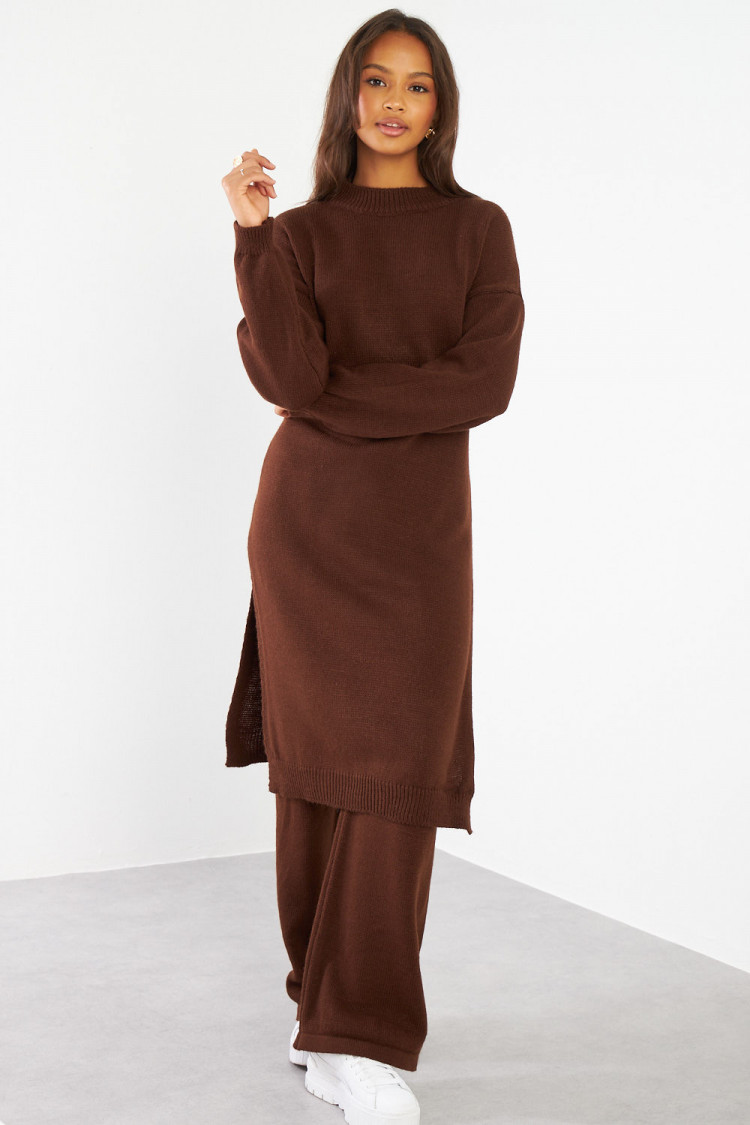 Ensemble 2 pièces pull long + pantalon en laine marron