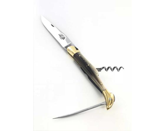 Laguiole Tradition 12 cm - 2 mitres Laiton - 3 pièces - Ponte de Corne - Acier Carbone Couteau de Poche Forge de Laguiole